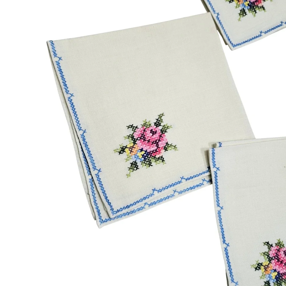 Vintage Set of 6 Embroidered Cocktail Napkins Floral Pink‎ Blue Cross Stitch